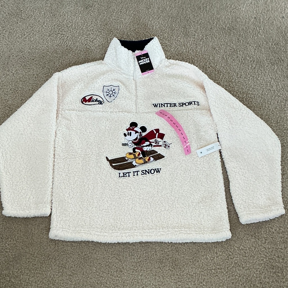 NWT Disney Mickey Mouse Winter Sports Let It Snow Ivory Fleece Pullover - Size S